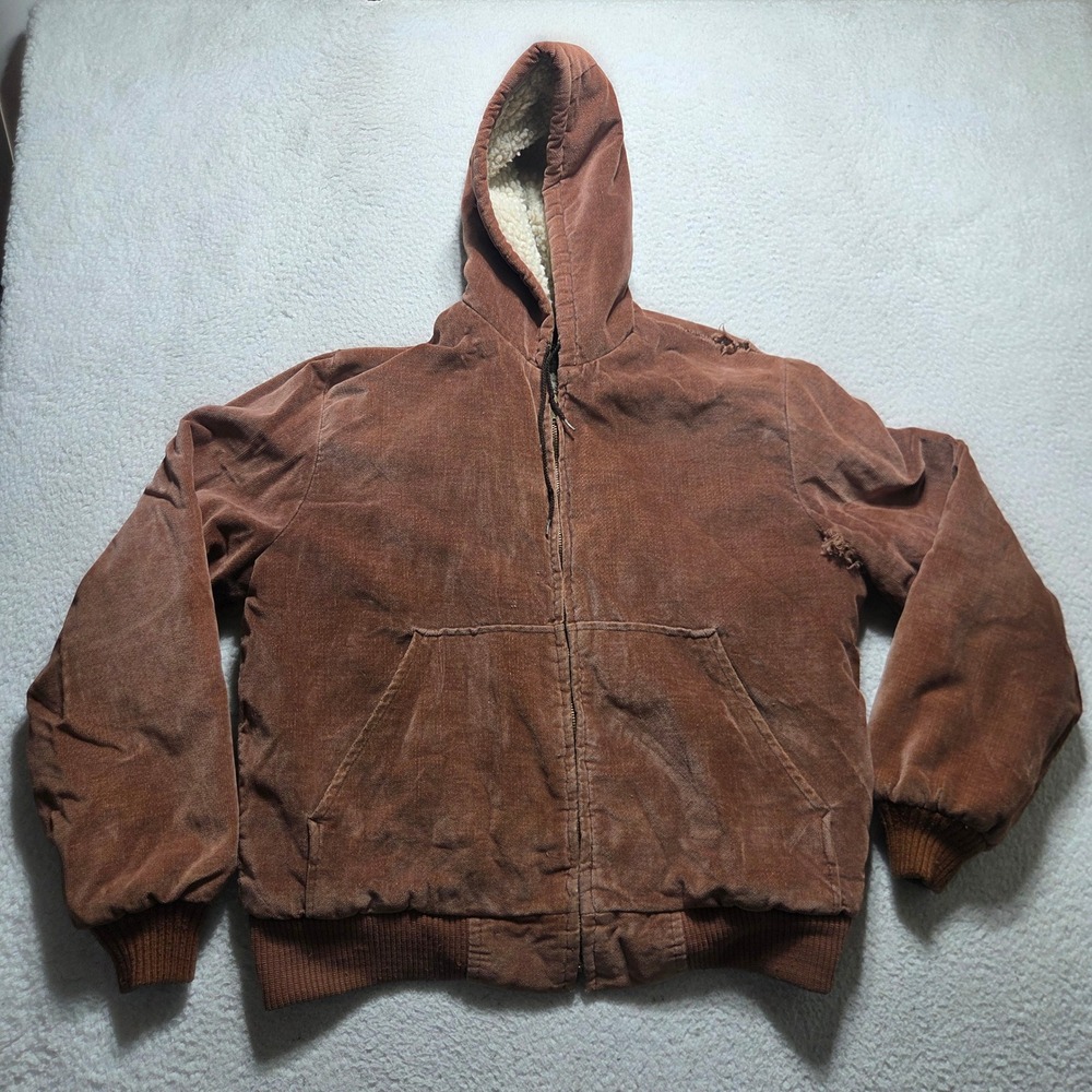 Vintage 70s Cal Craft Sherpa Lined Hooded Work Jacket Brown USA Distressed